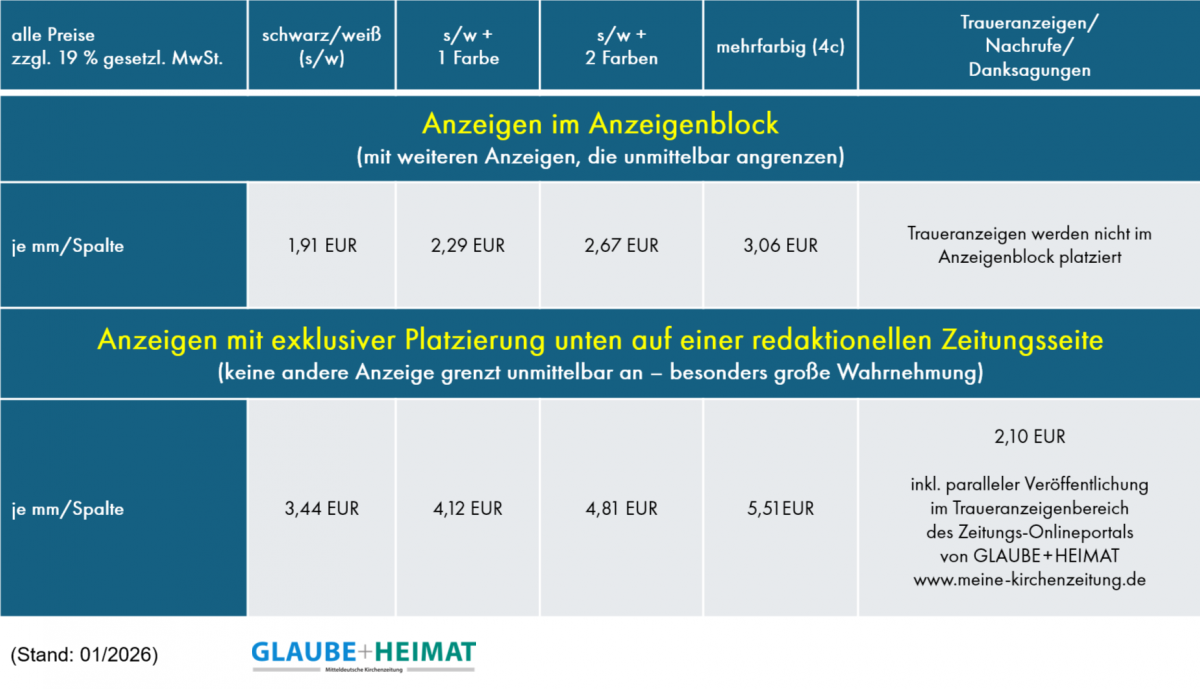Preisliste Anzeigen GLAUBE+HEIMAT 2026